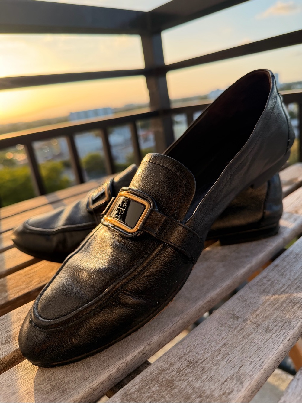 Tory Burch Black Leather Loafers with Gold Buckle